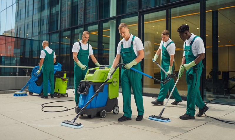 professional cleaners in green uniforms